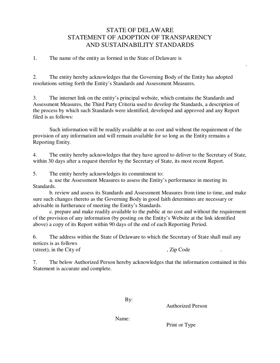 Statement of Adoption of Transparency and Sustainability Standards - Delaware, Page 3