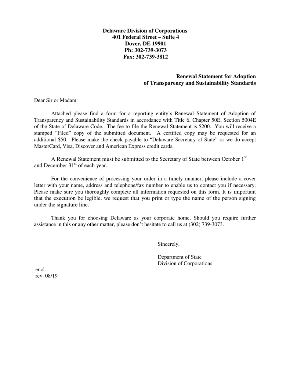 Renewal Statement of Adoption of Transparency and Sustainability Standards - Delaware, Page 1
