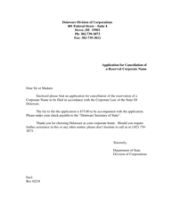 Document preview: Application for Cancellation of a Reserved Corporate Name - Delaware