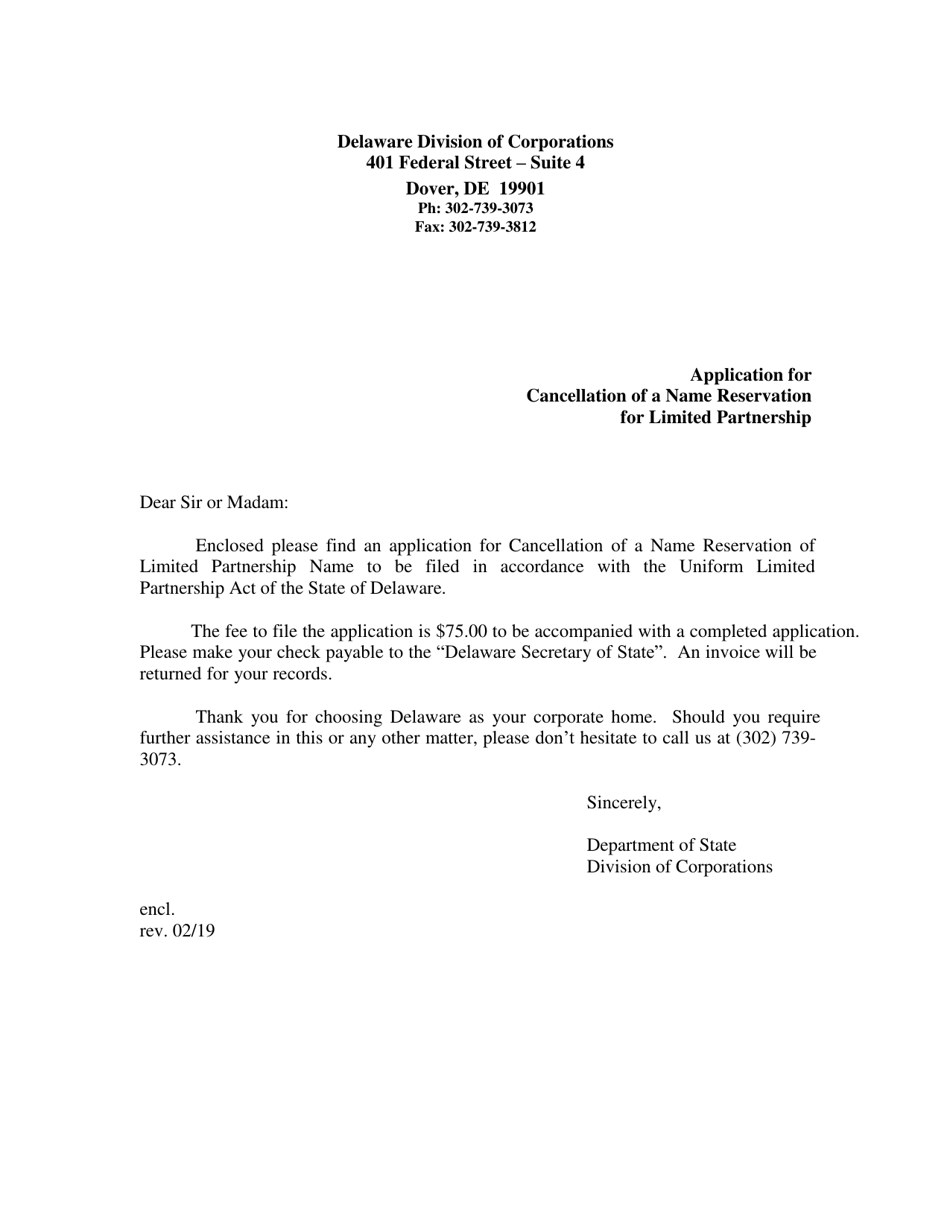 Application for Cancellation of a Limited Partnership Name Reservation - Delaware, Page 1