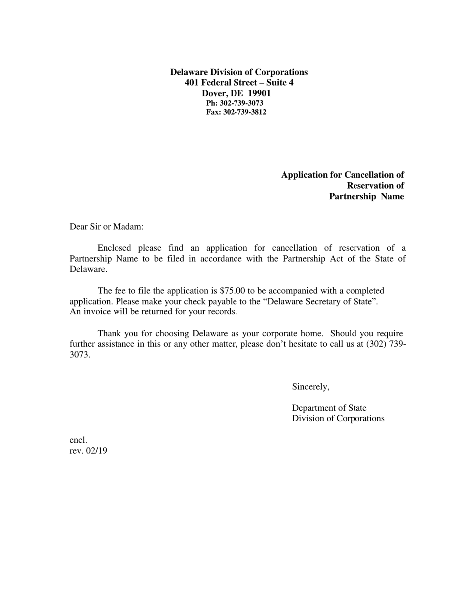 Application for Cancellation of a Name Reservation for a Partnership - Delaware, Page 1