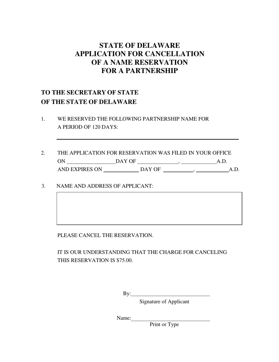 Application for Cancellation of a Name Reservation for a Partnership - Delaware, Page 2