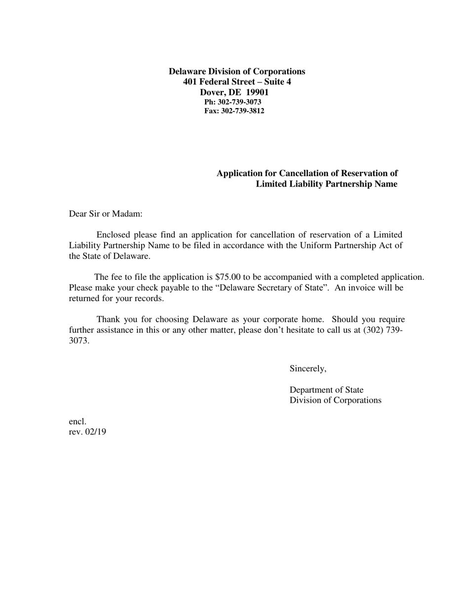 Application for Cancellation of a Name Reservation for a Limited Liability Partnership - Delaware, Page 1