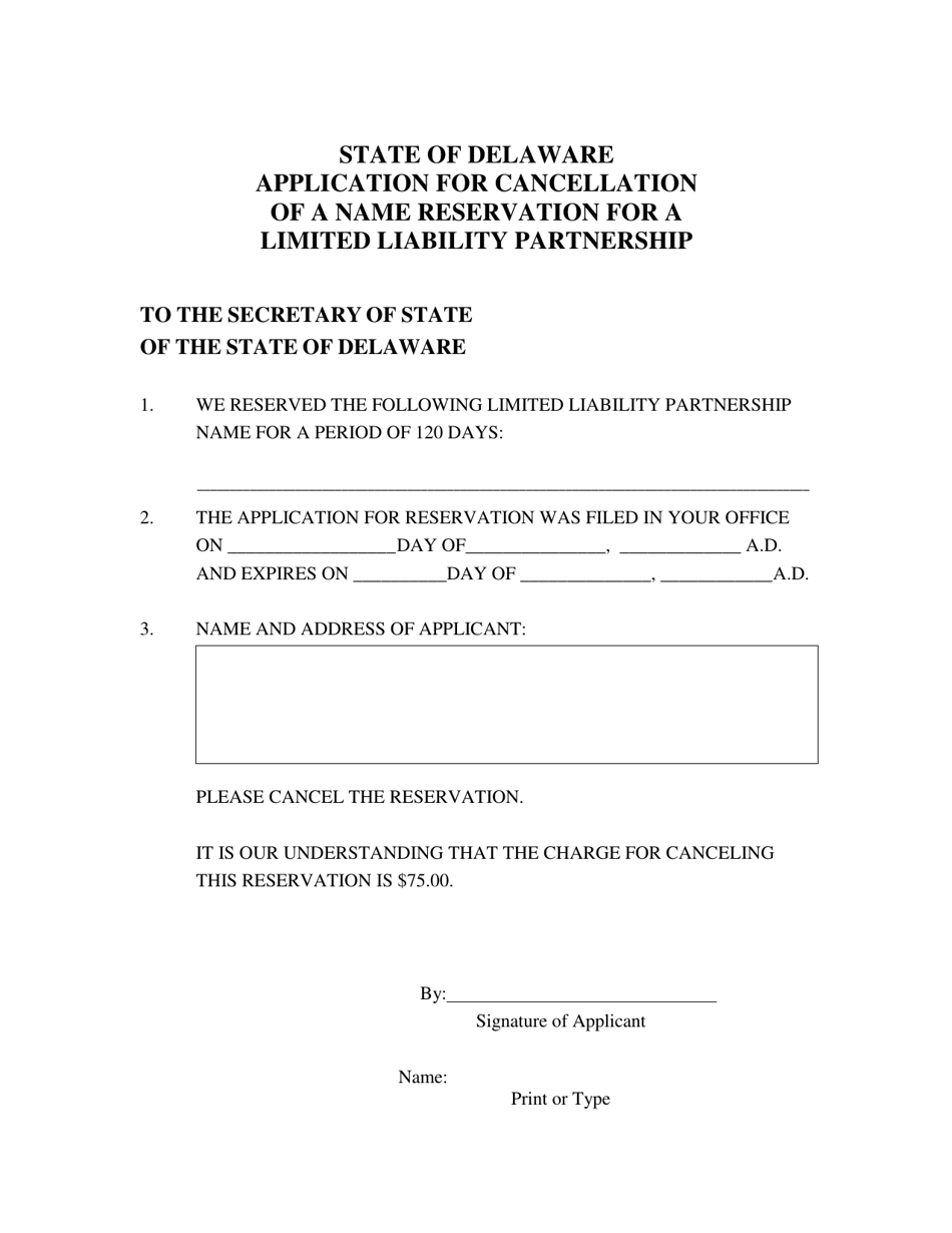 Application for Cancellation of a Name Reservation for a Limited Liability Partnership - Delaware, Page 2
