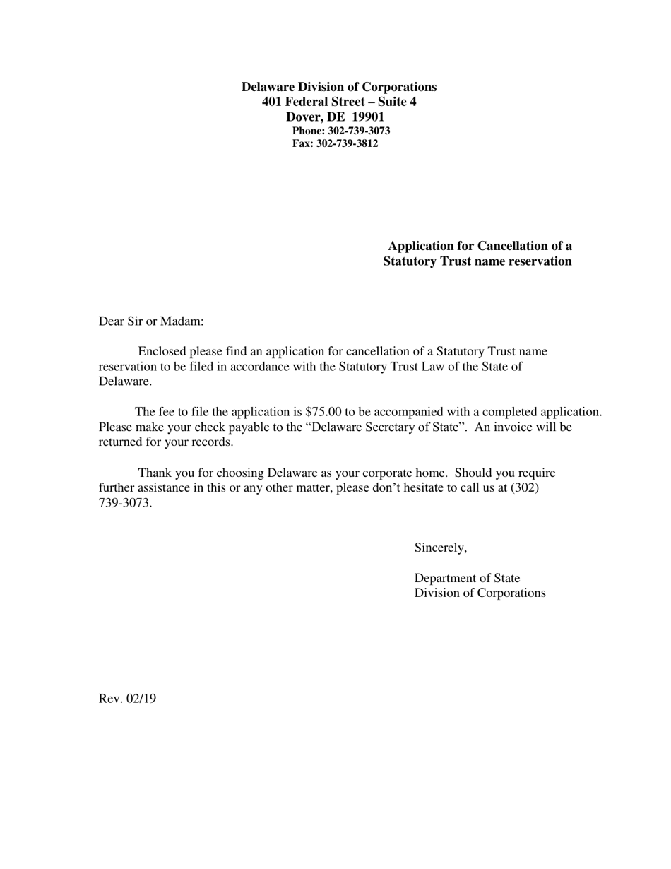 Application for Cancellation of a Statutory Trust Name Reservation - Delaware, Page 1