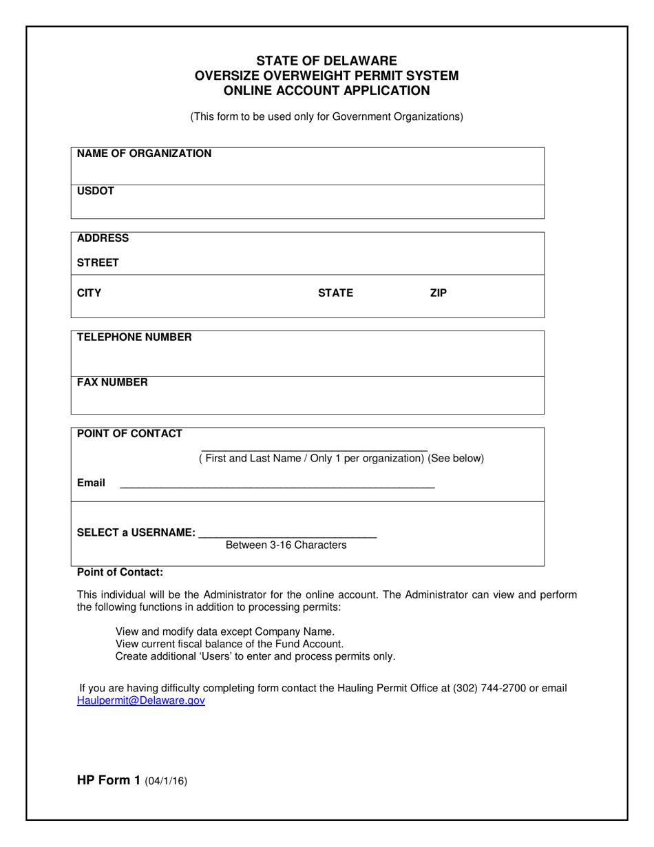 HP Form 1 Oversize Overweight Permit System Online Account Application - Delaware, Page 1