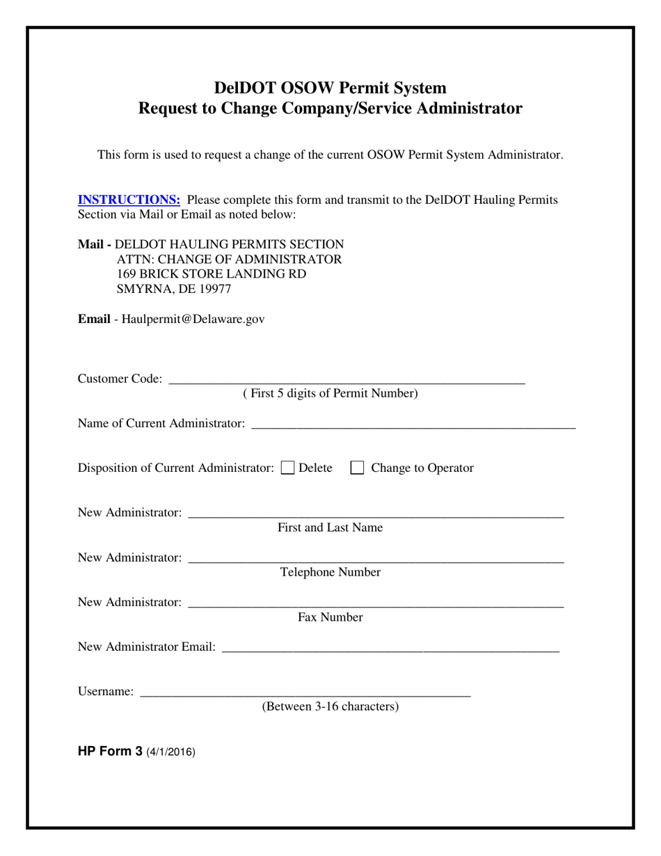 HP Form 3 Request to Change Company / Service Administrator - Delaware, Page 1