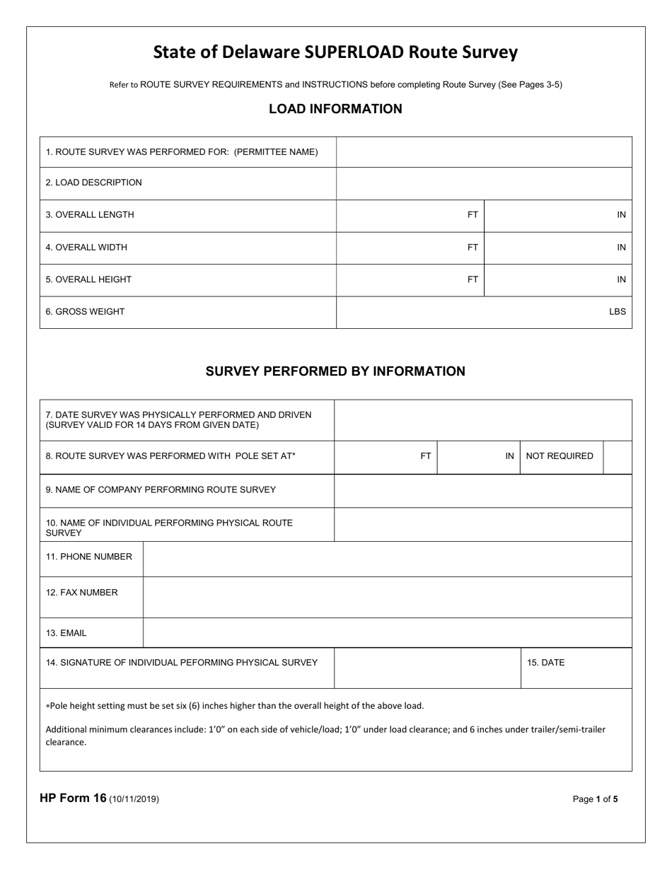 HP Form 16 Route Survey for the State of Delaware - Delaware, Page 1