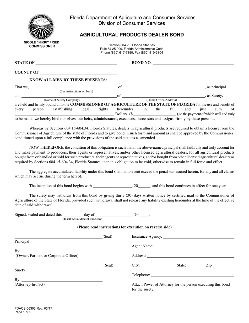 Form FDACS-06303 Agricultural Products Dealer Bond - Florida, Page 1
