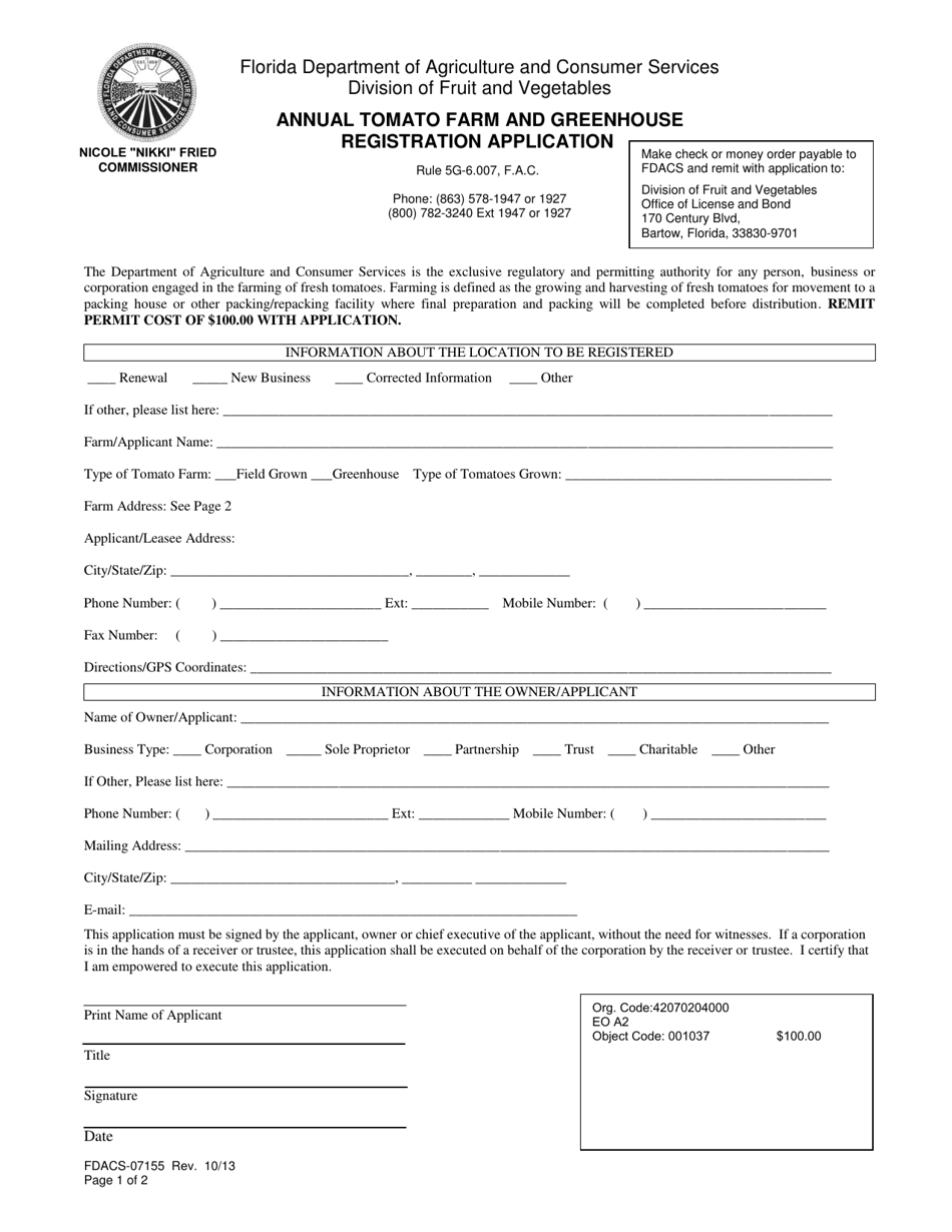Form FDACS-07155 Annual Tomato Farm and Greenhouse Registration Application - Florida, Page 1