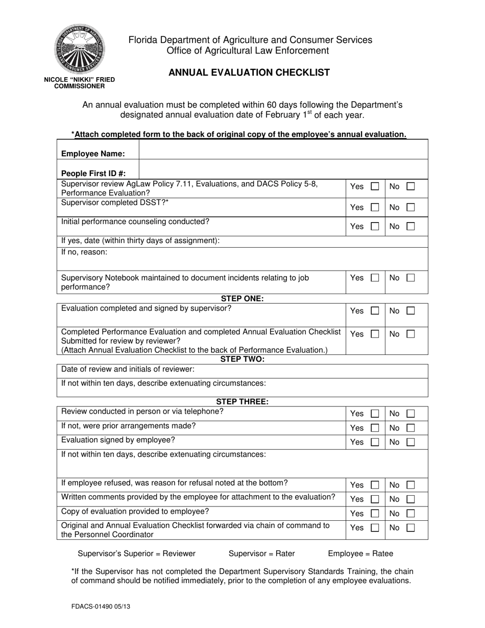 Form FDACS-01490 Annual Evaluation Checklist - Florida, Page 1