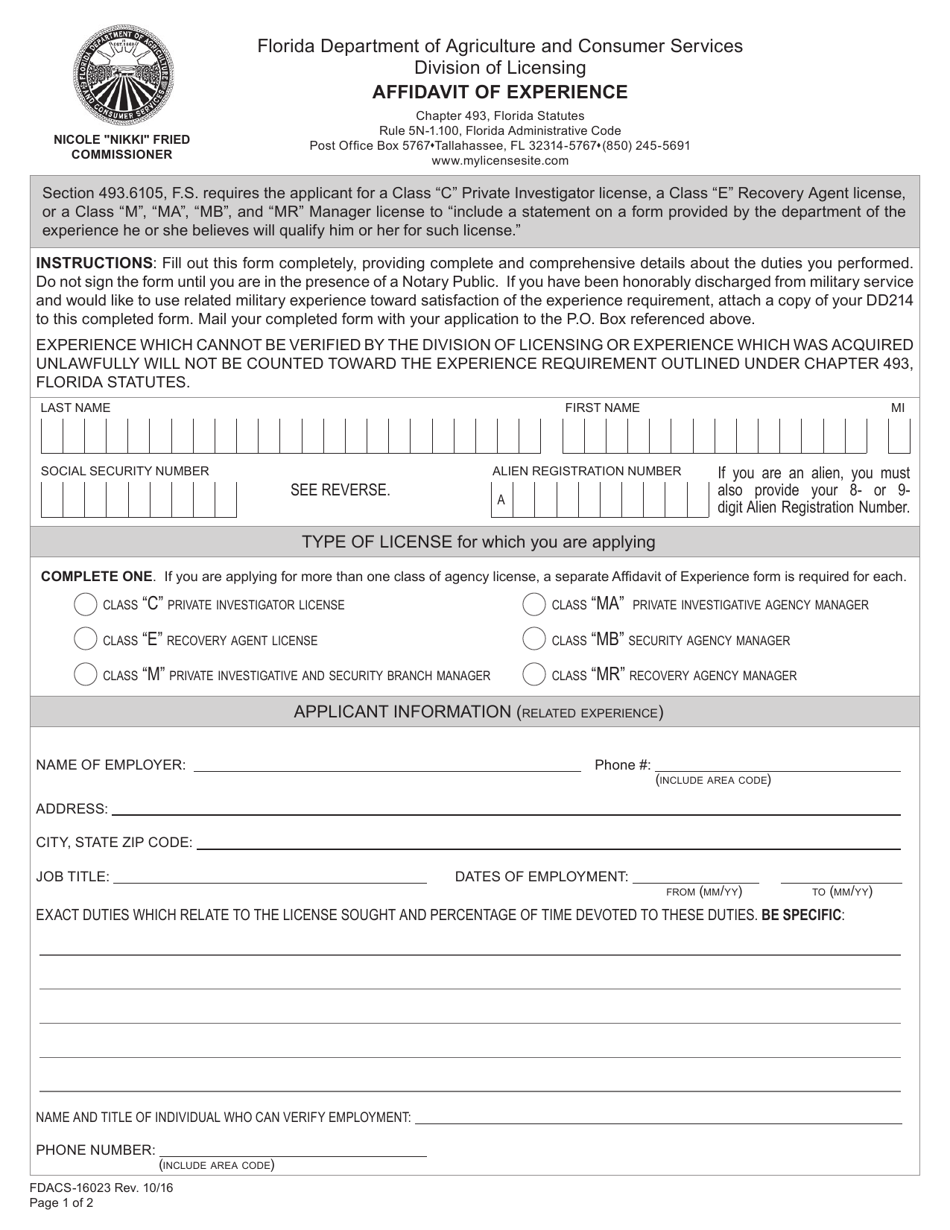 Form FDACS-16023 Affidavit of Experience - Florida, Page 1