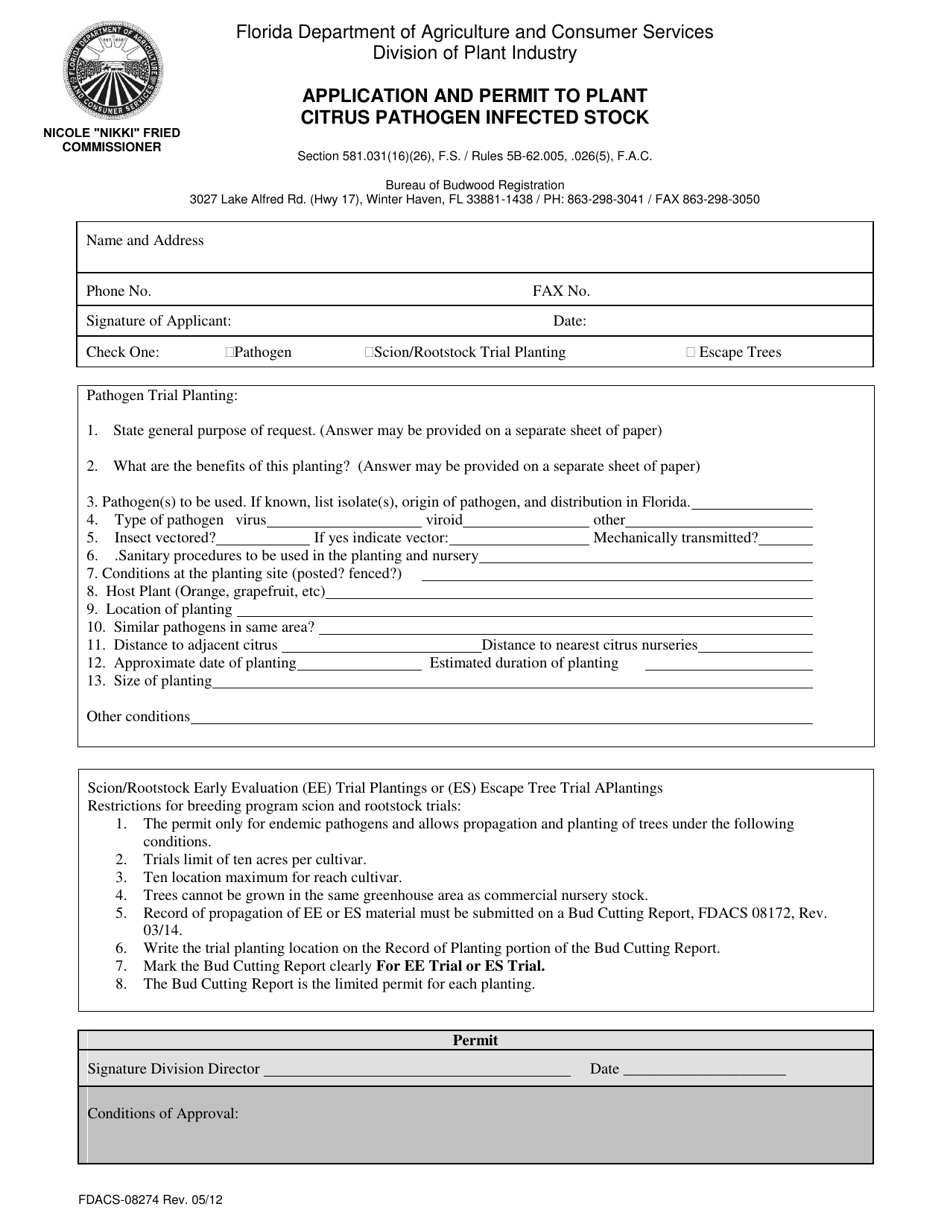 Form FDACS-08274 Application and Permit to Plant Citrus Pathogen Infected Stock - Florida, Page 1