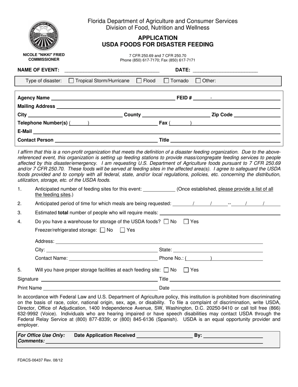 Form FDACS-06437 Application Usda Foods for Disaster Feeding - Florida, Page 1
