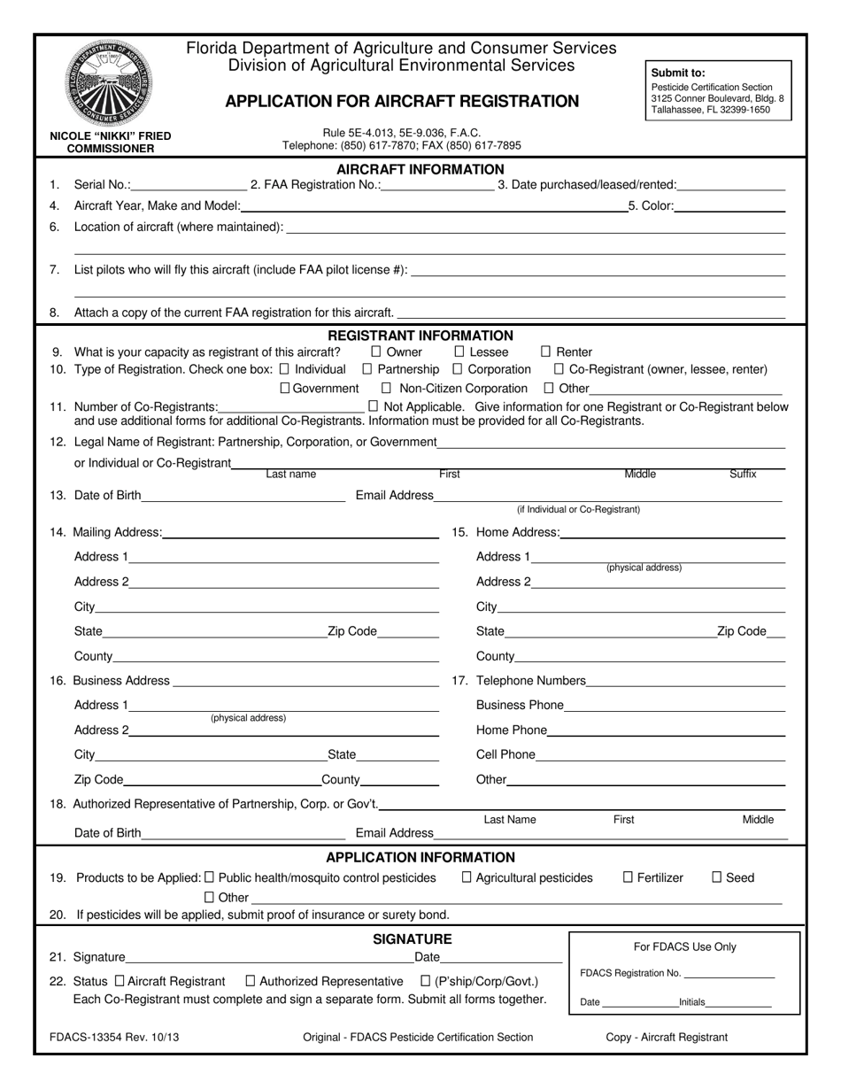 Form FDACS-13354 Application for Aircraft Registration - Florida, Page 1