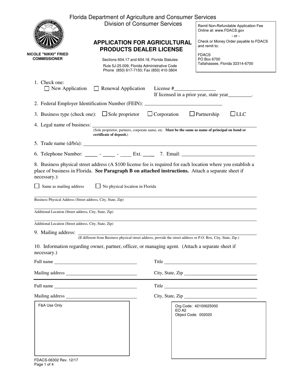 Form FDACS-06302 Application for Agricultural Products Dealer License - Florida, Page 1