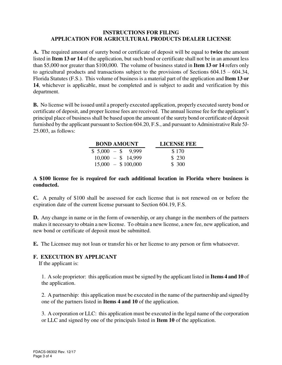 Form FDACS-06302 Application for Agricultural Products Dealer License - Florida, Page 3