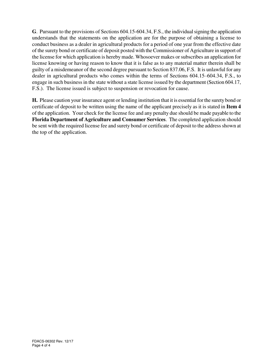 Form FDACS-06302 Application for Agricultural Products Dealer License - Florida, Page 4