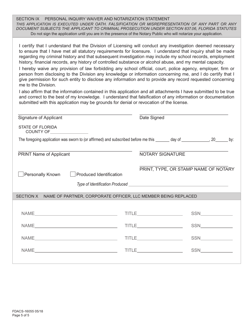 Form FDACS-16055 Application for Change in Agency Partner, Corporate Officer or LLC Member - Florida, Page 11