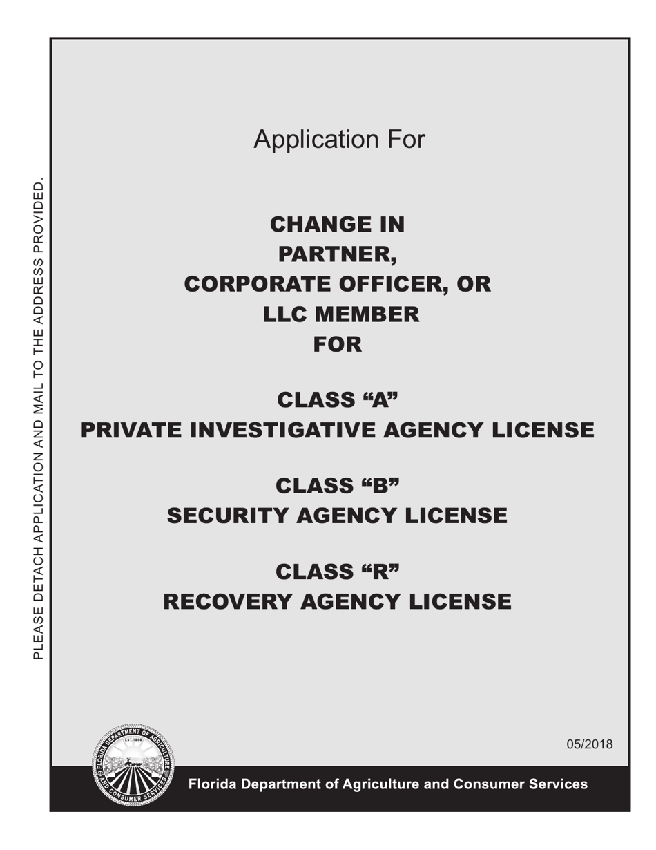Form FDACS-16055 Application for Change in Agency Partner, Corporate Officer or LLC Member - Florida, Page 1