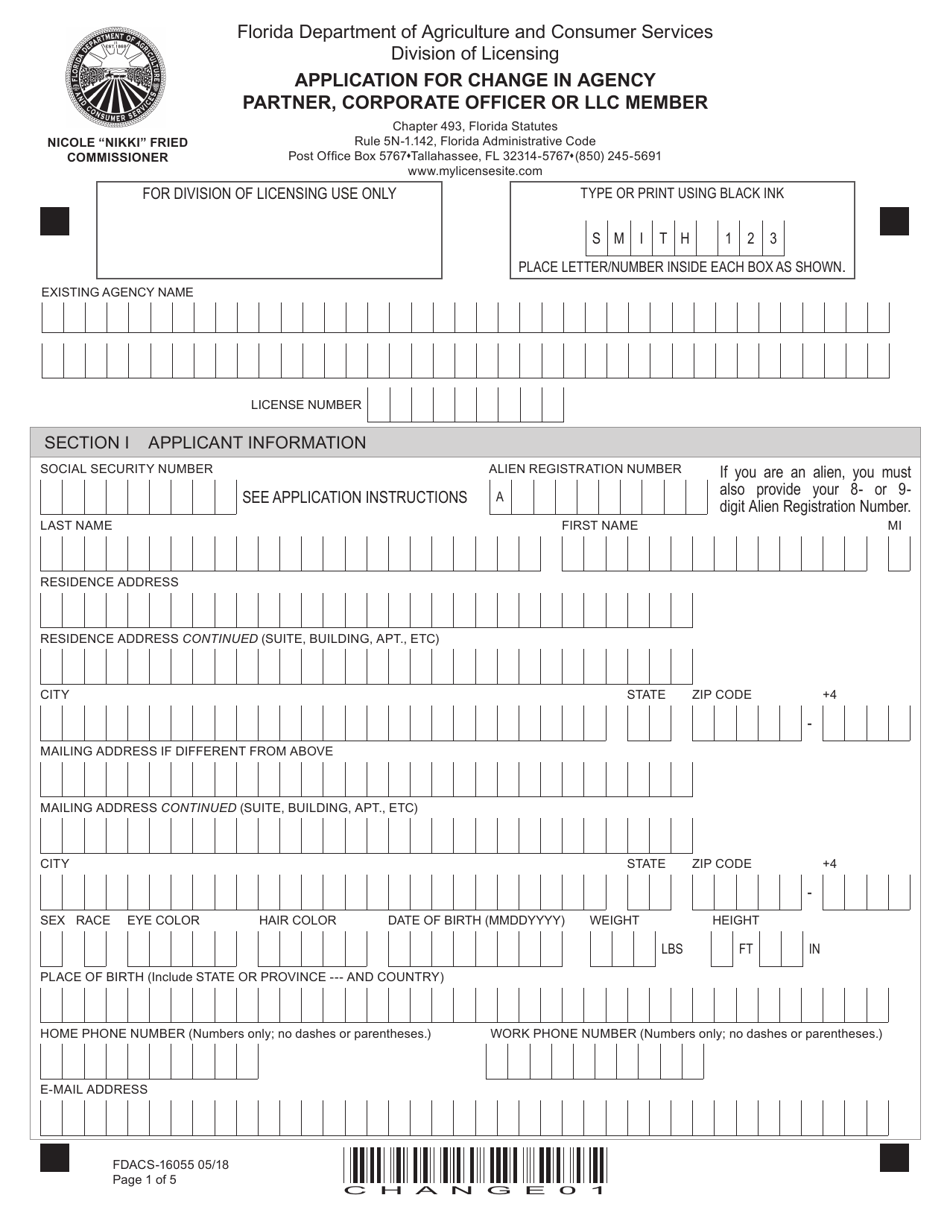 Form FDACS-16055 Application for Change in Agency Partner, Corporate Officer or LLC Member - Florida, Page 7