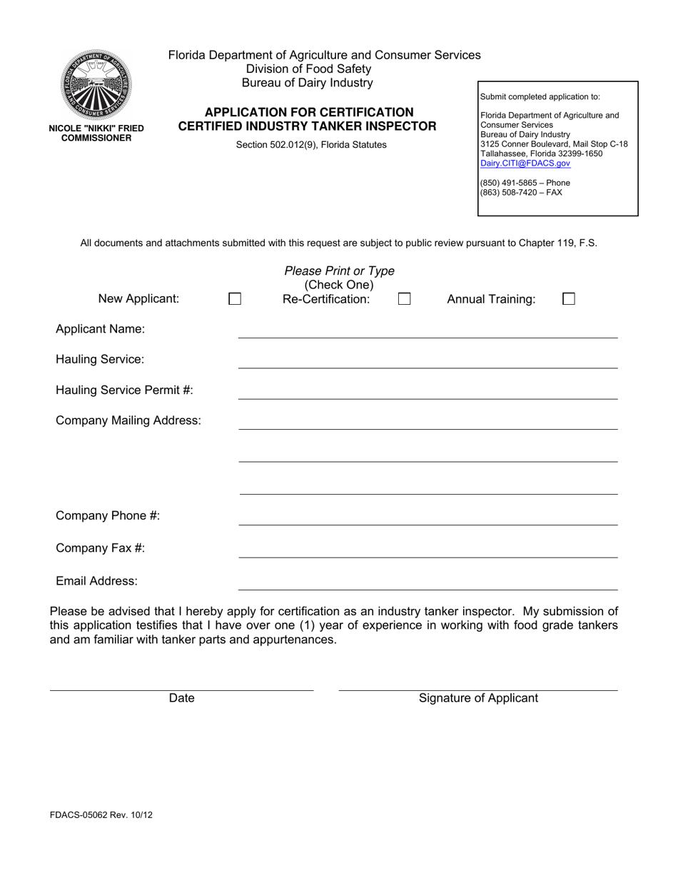 Form FDACS-05062 Application for Certification Certified Industry Tanker Inspector - Florida, Page 1