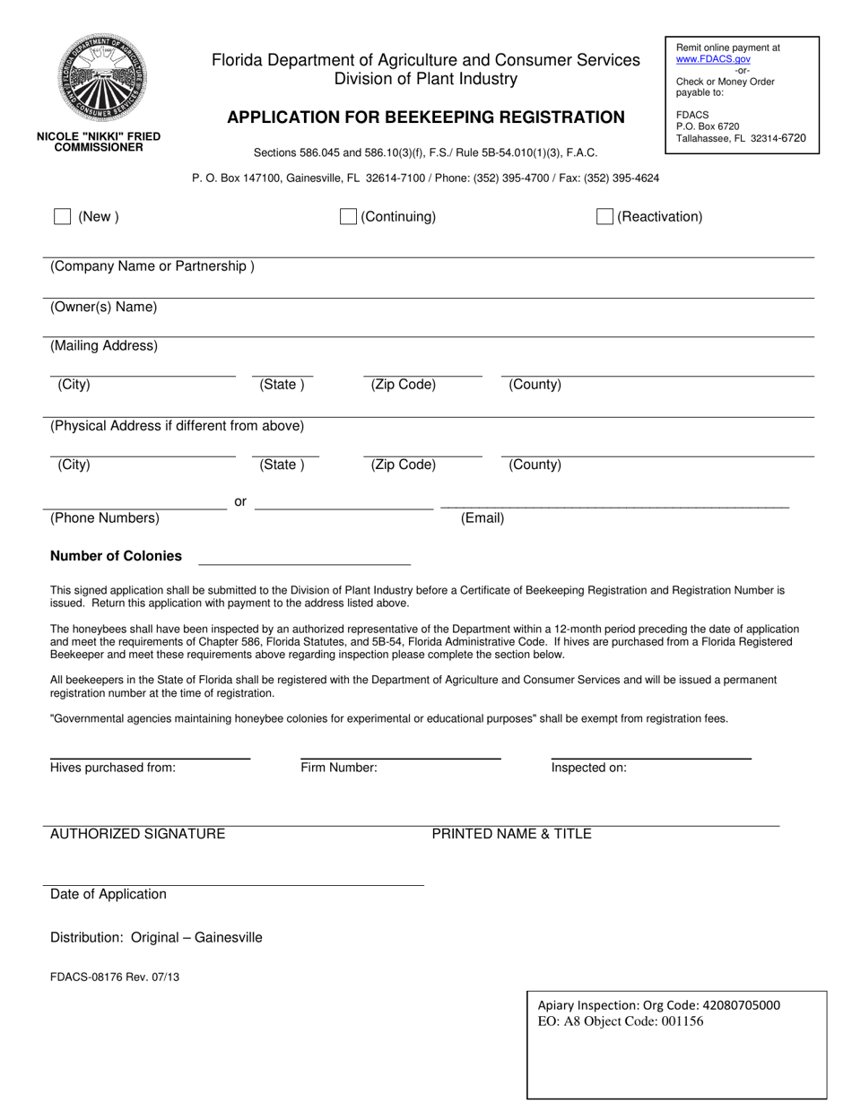 Form FDACS-08176 Application for Beekeeping Registration - Florida, Page 1