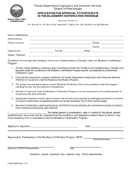 Document preview: Form FDACS-08202 Application for Approval to Participate in the Blueberry Certification Program - Florida