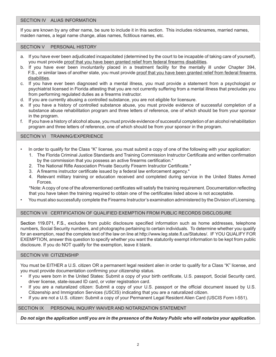 Form FDACS-16020 Application for Class k Firearms Instructor License - Arizona, Page 4