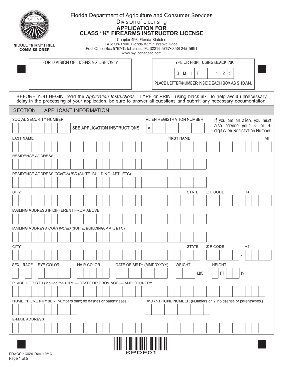 Form FDACS-16020 Application for Class k Firearms Instructor License - Arizona, Page 7