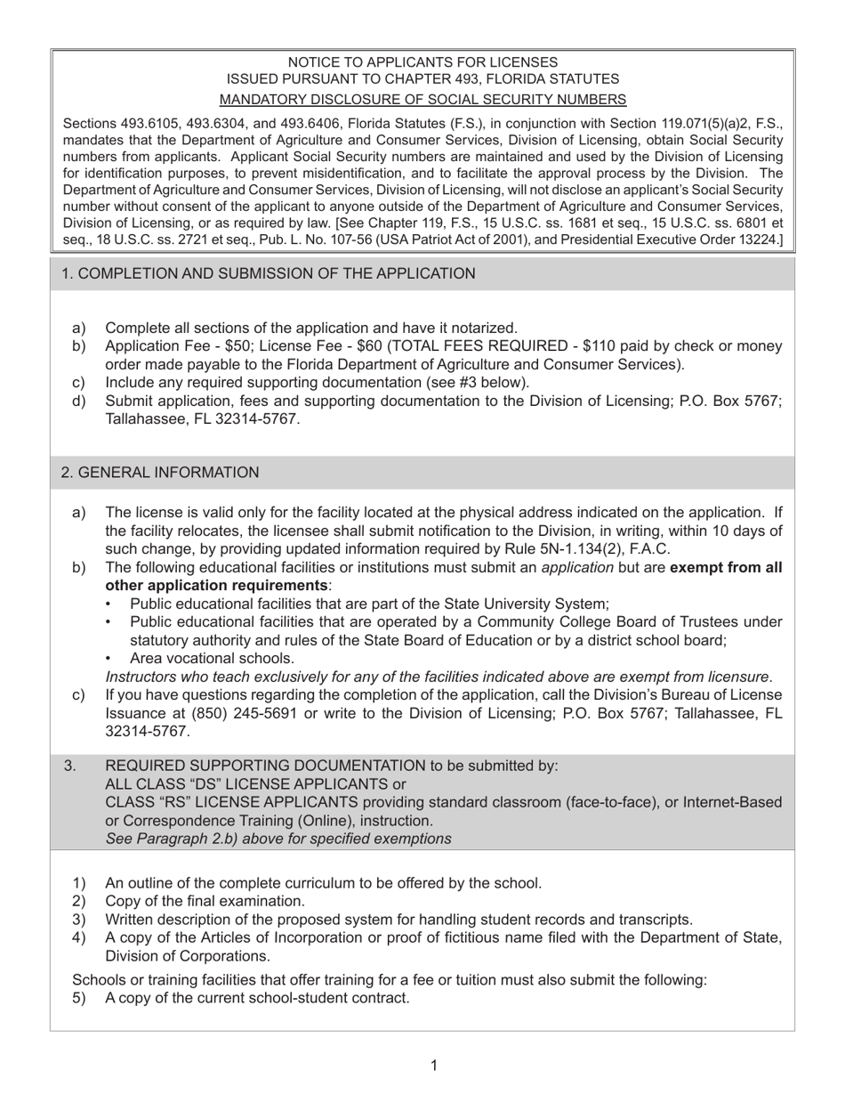 Form FDACS-16003 Application for Class ds Security Officer School or Training Facility License and Class rs Recovery Agent School or Training Facility License - Florida, Page 2