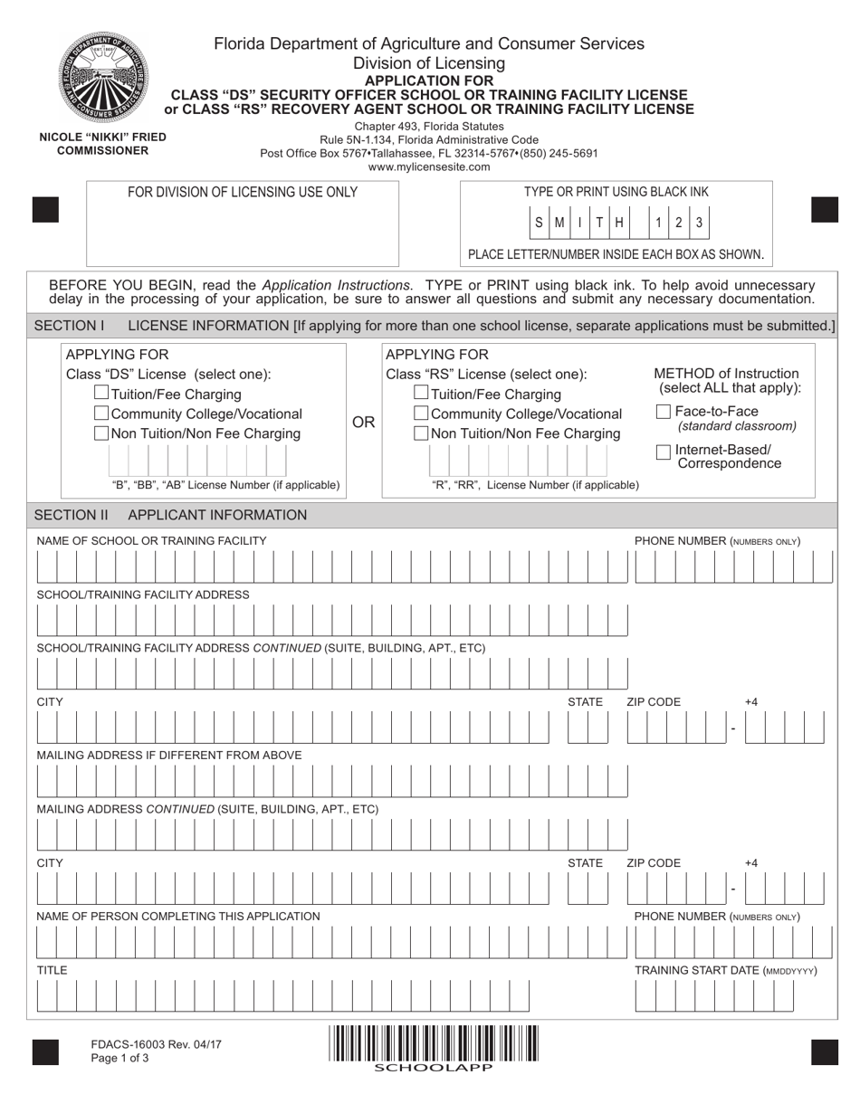Form FDACS-16003 Application for Class ds Security Officer School or Training Facility License and Class rs Recovery Agent School or Training Facility License - Florida, Page 3