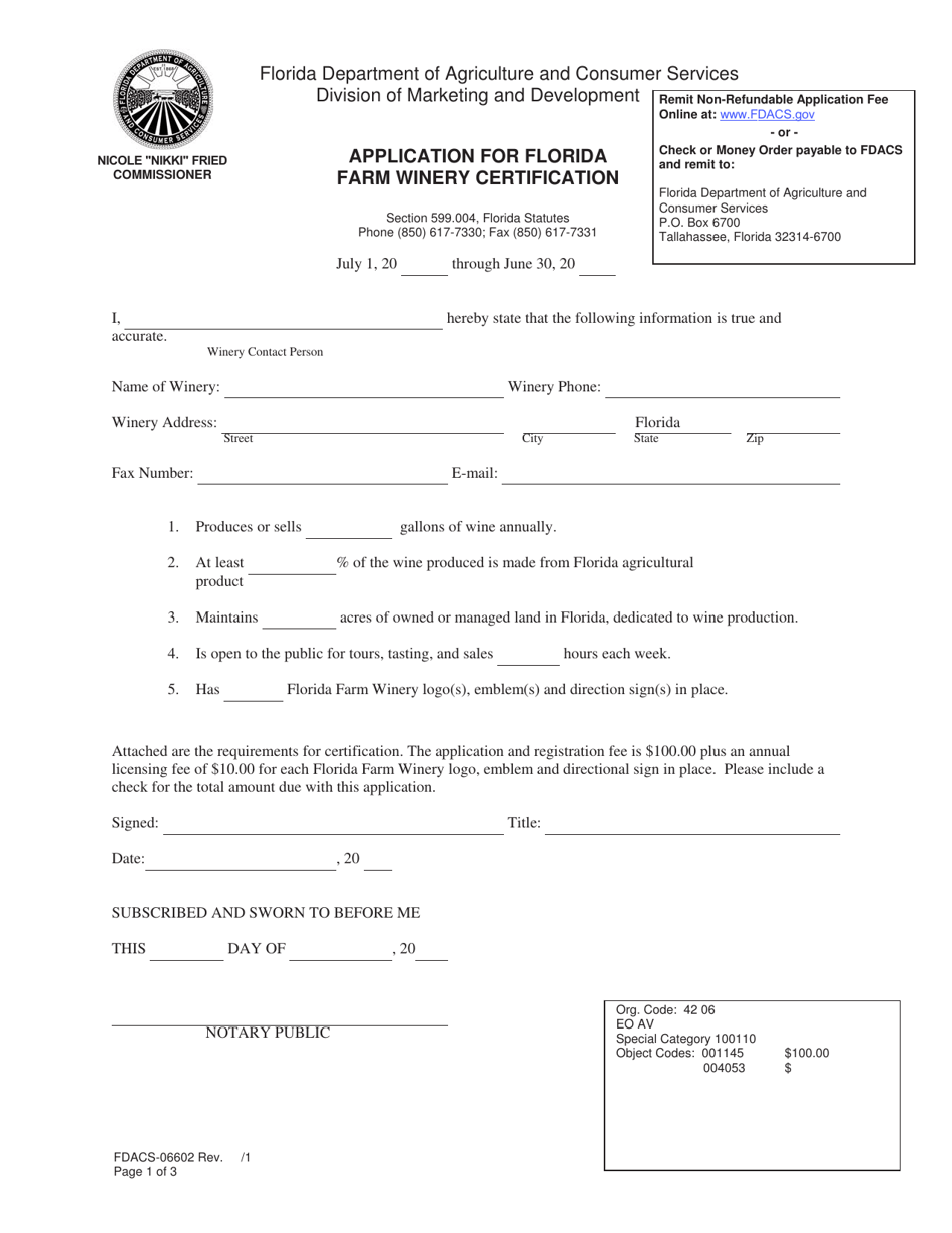 Form FDACS-06602 Application for Florida Farm Winery Certification - Florida, Page 1