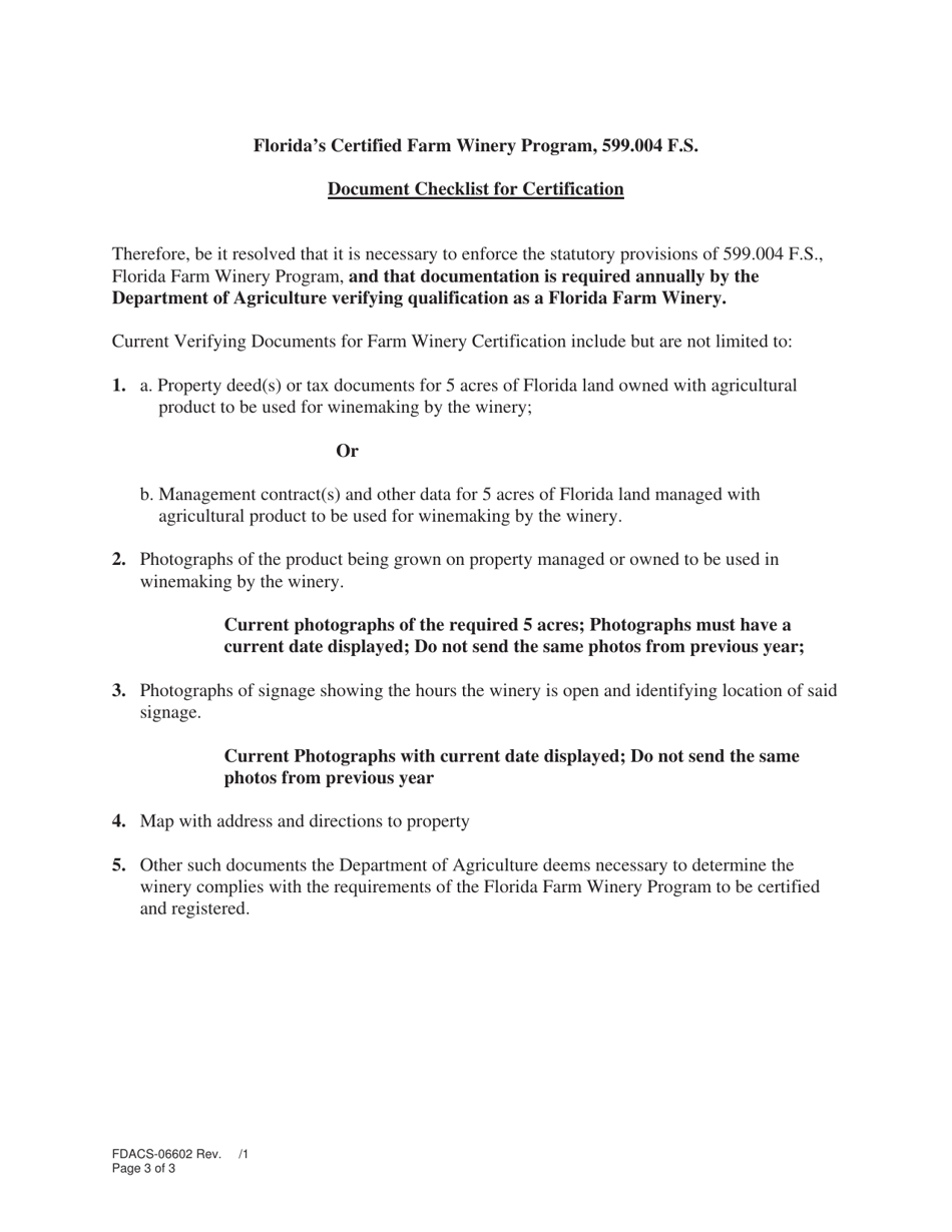 Form FDACS-06602 Application for Florida Farm Winery Certification - Florida, Page 3