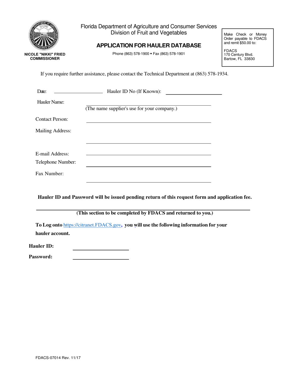 Form FDACS-07014 Application for Hauler Database - Florida, Page 1