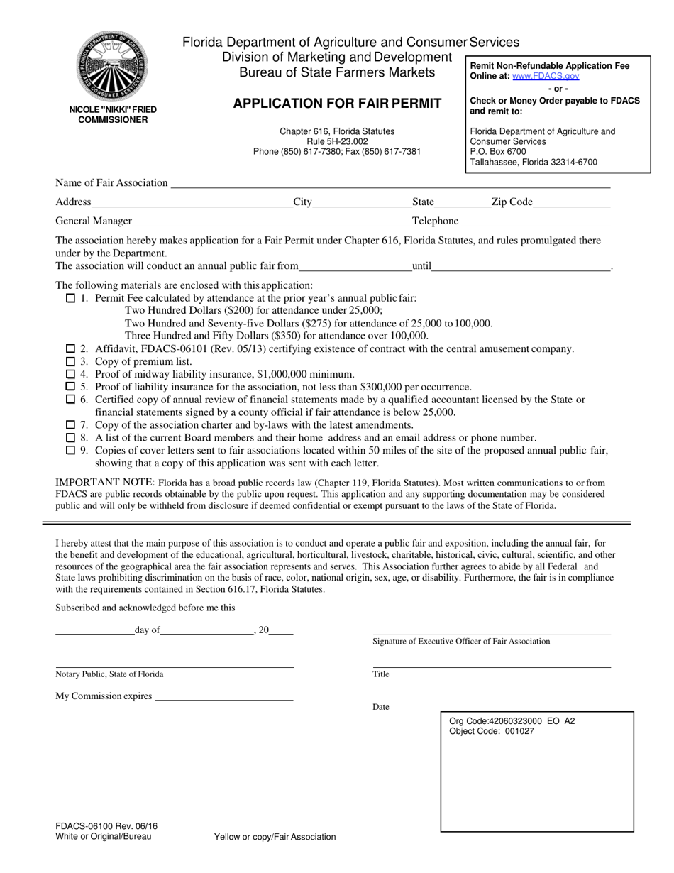 Form FDACS-06100 Application for Fair Permit - Florida, Page 1