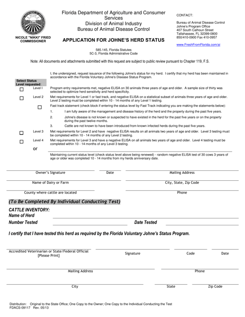 Form FDACS-09117 Application for Johne's Herd Status - Florida