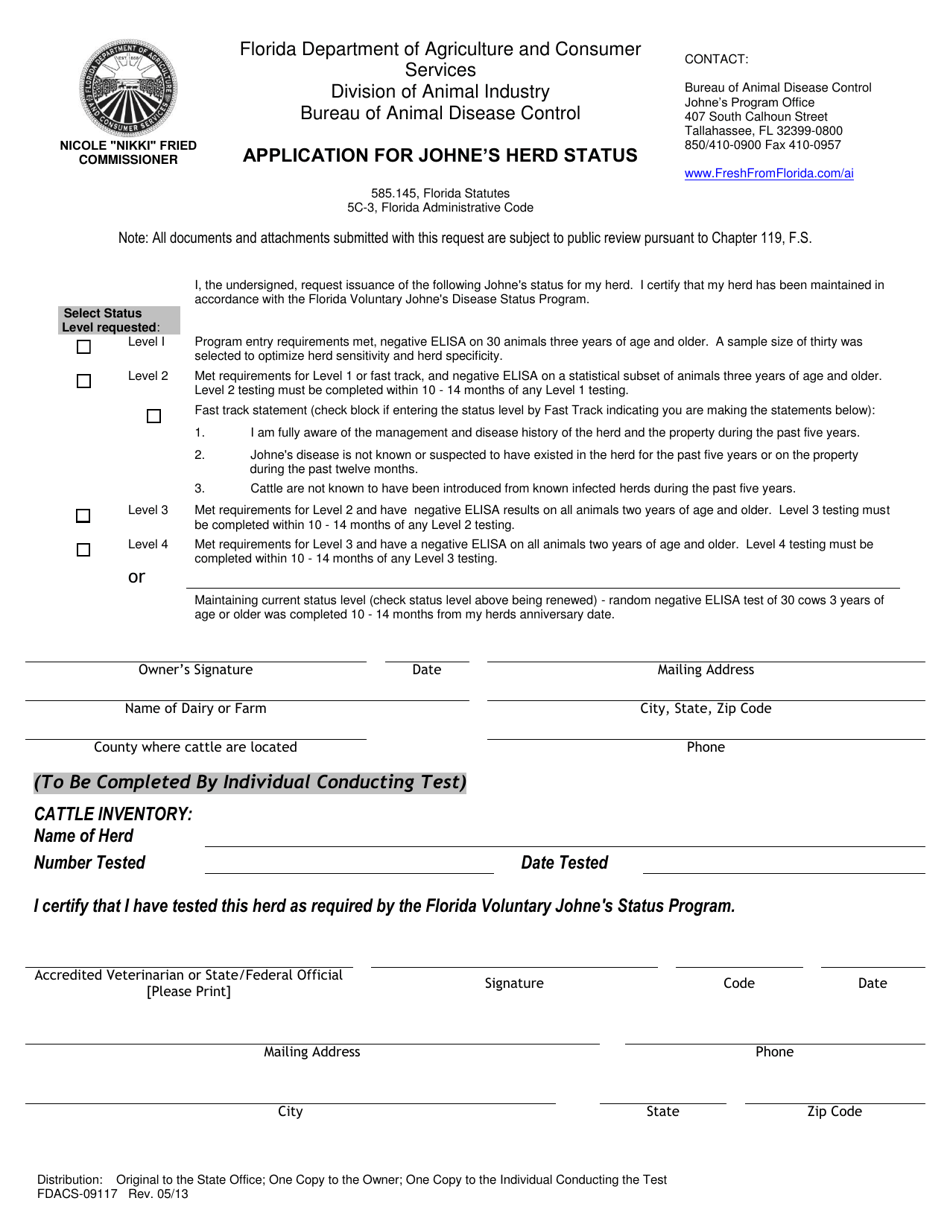 Form FDACS-09117 Application for Johnes Herd Status - Florida, Page 1