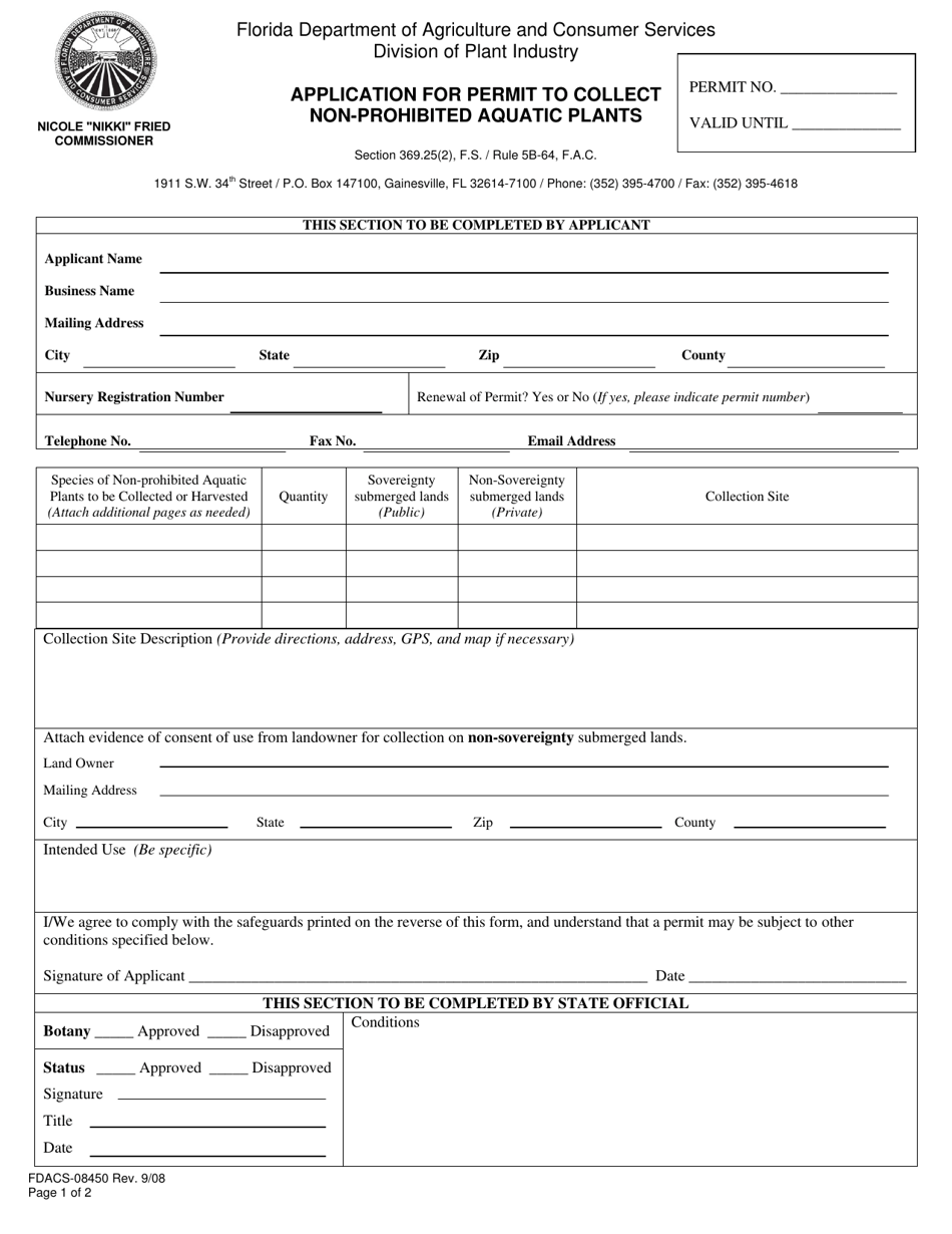 Form FDACS-08450 Application for Permit to Collect Non-prohibited Aquatic Plants - Florida, Page 1