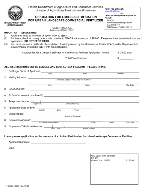 Form FDACS-13677 Application for Limited Certification for Urban Landscape Commercial Fertilizer - Florida