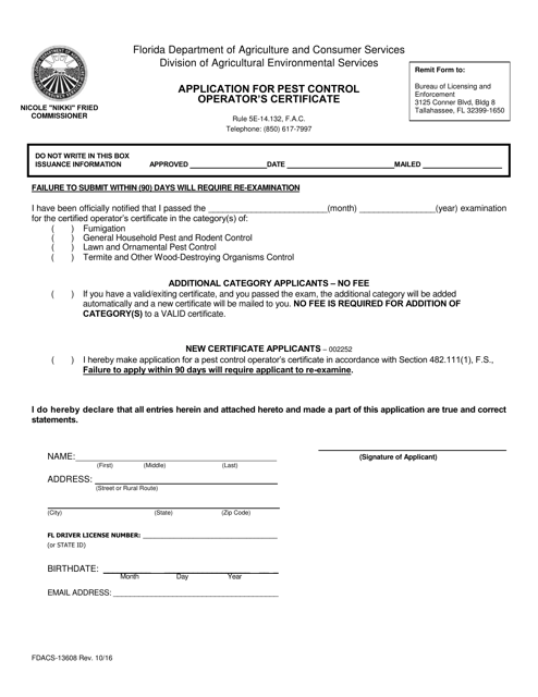 Form FDACS-13608 Application for Pest Control Operator's Certificate - Florida