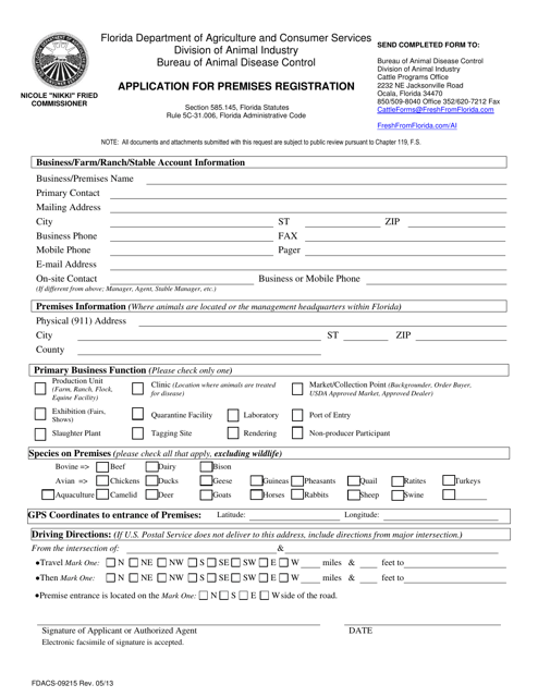 Form FDACS-09215 Application for Premises Registration - Florida