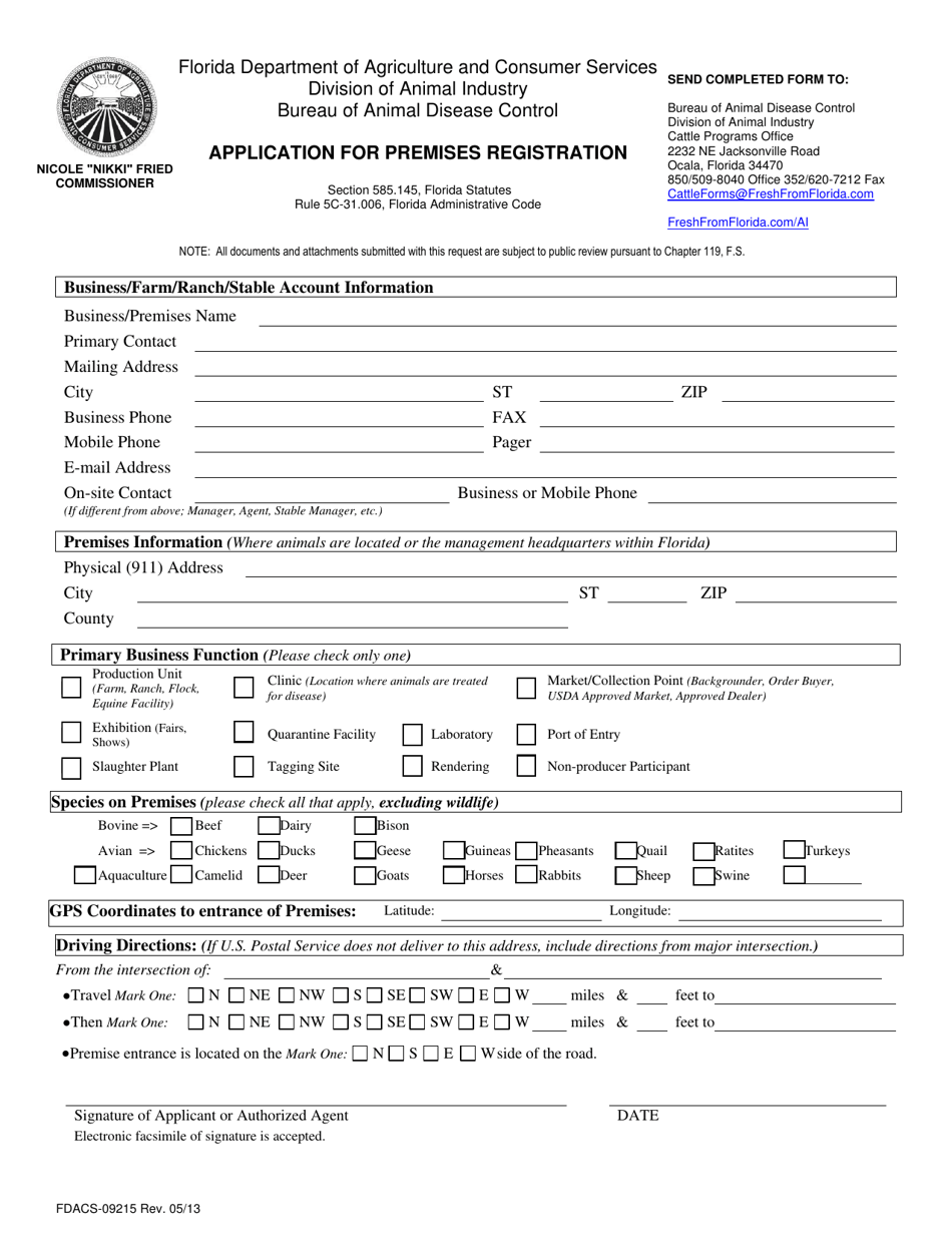 Form FDACS-09215 Application for Premises Registration - Florida, Page 1