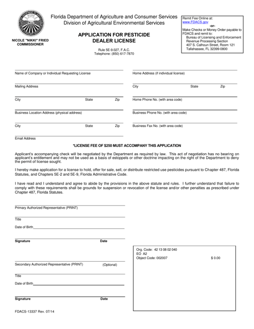 Form FDACS-13337 Application for Pesticide Dealer License - Florida