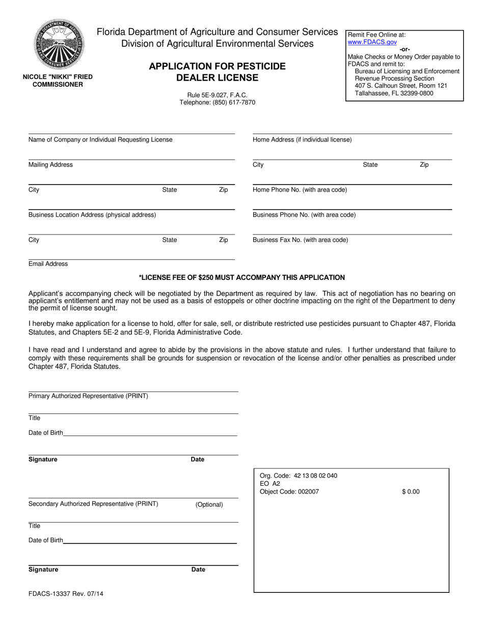 Form FDACS-13337 Application for Pesticide Dealer License - Florida, Page 1