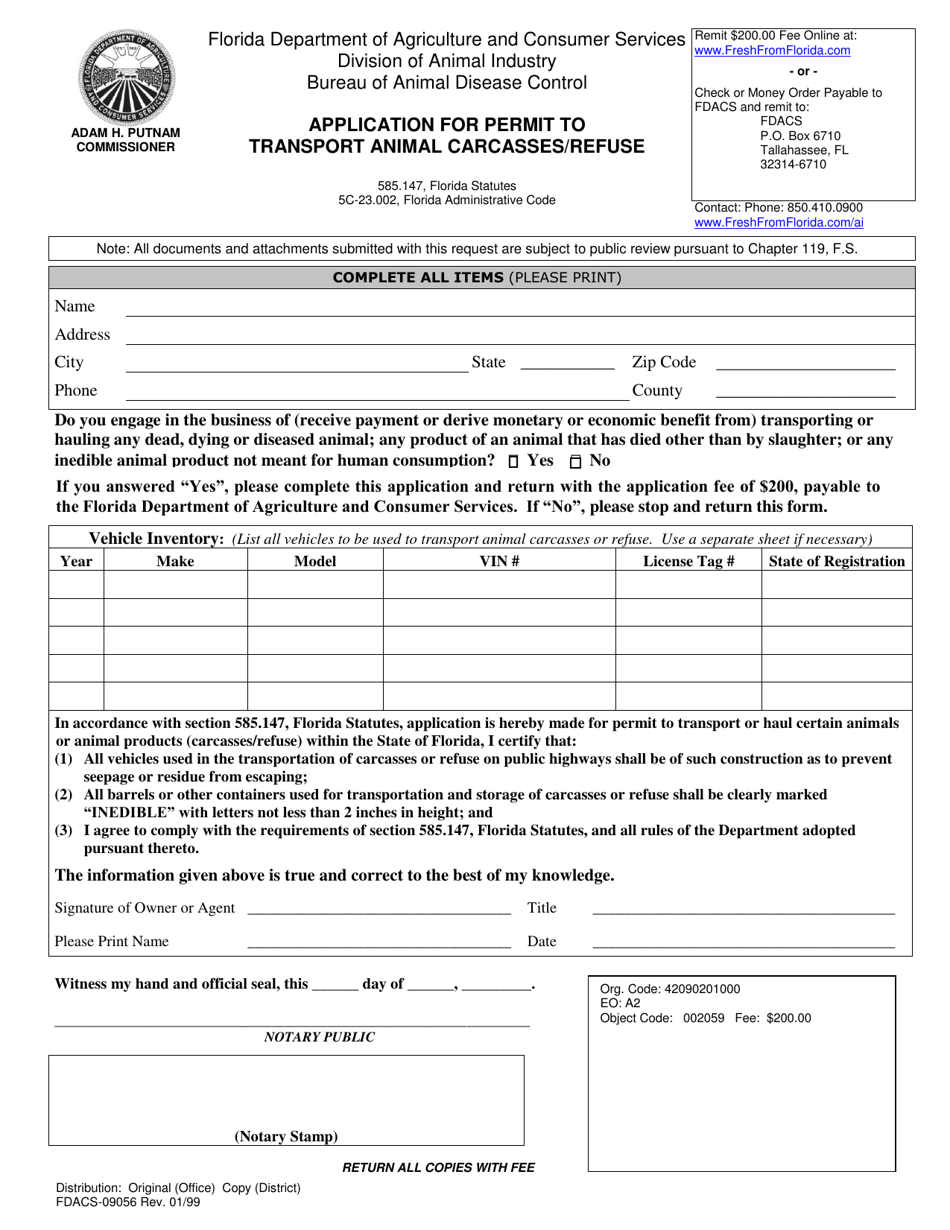 Form FDACS-09056 Application for Permit to Transport Animal Carcasses / Refuse - Florida, Page 1