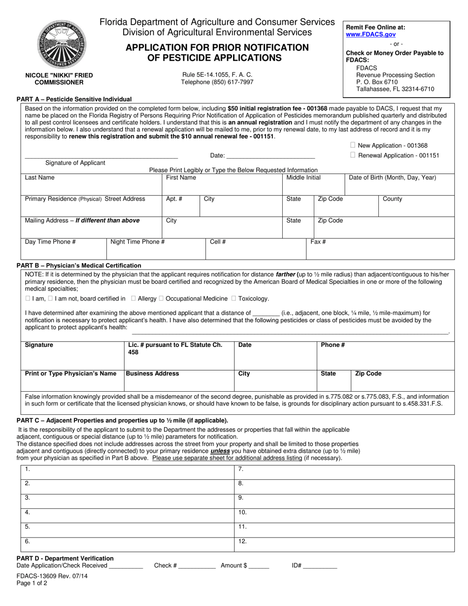 Form FDACS-13609 Application for Prior Notification of Pesticide Applications - Florida, Page 1