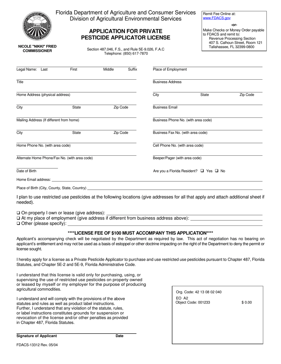 Form FDACS-13312 Application for Private Pesticide Applicator License - Florida, Page 1