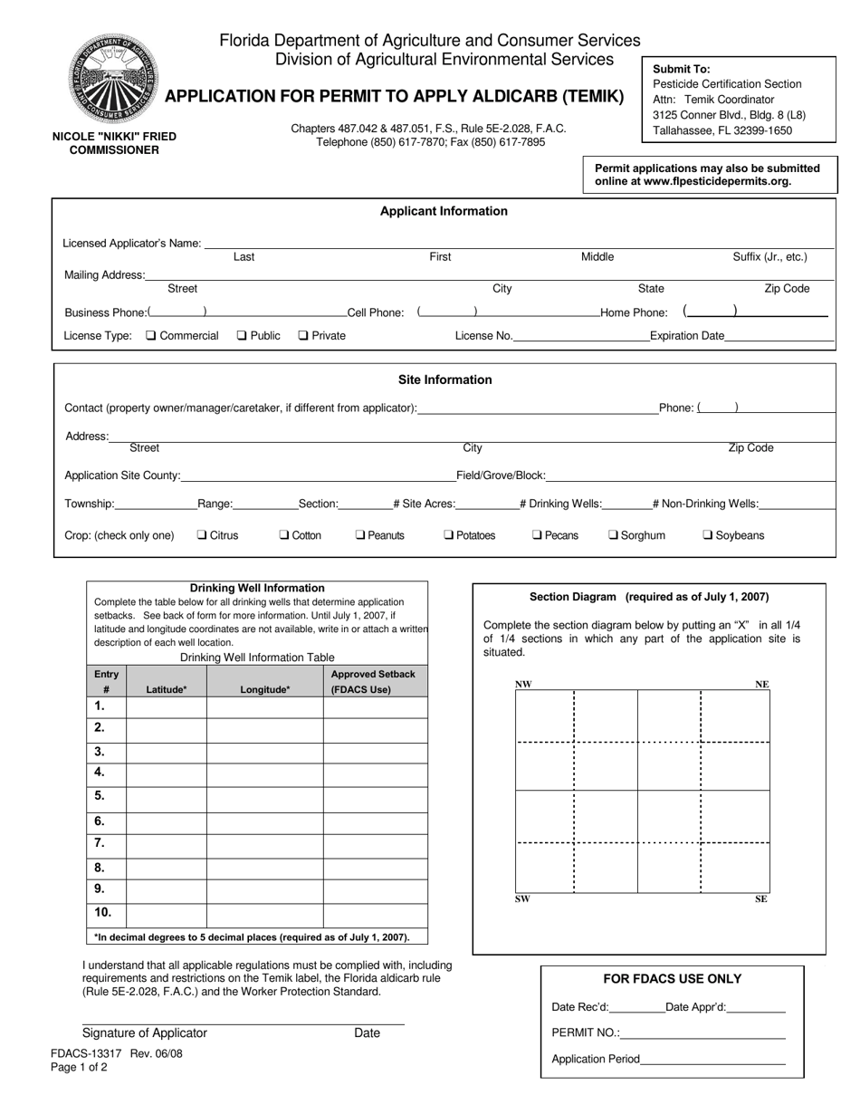 Form FDACS-13317 Application for Permit to Apply Aldicarb (Temik) - Florida, Page 1