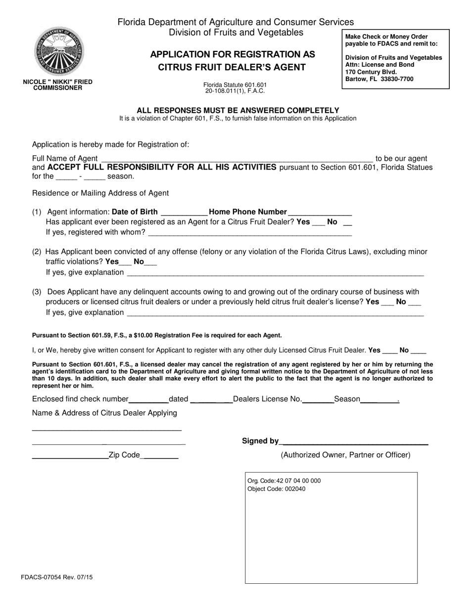 Form FDACS-07054 Application for Registration as Citrus Fruit Dealers Agent - Florida, Page 1